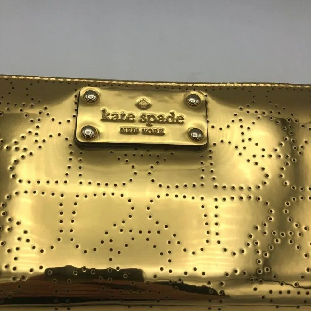 Kate‎ Spade Womens Wallet Zip Around Shiny Metallic Gold Heart Print Accessory